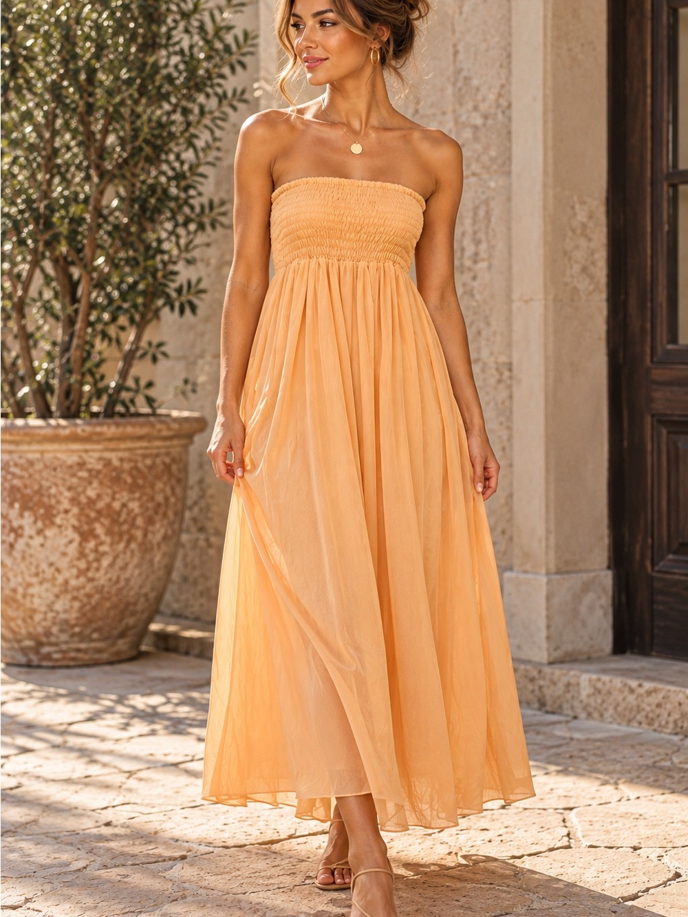 Free People Peach Strapless Smocked Maxi Dress Lace Up Back XS
